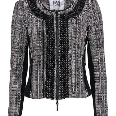 Milly - Black &amp; White Distressed Tweed Zip-Up Jacket w/ Beading Sz S