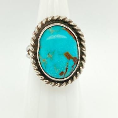 Vintage Navajo Bright Blue Turquoise Sterling Silver Ring Braid Detail Sz 5 