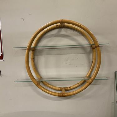 Midcentury Circular Rattan Wall &amp;quot;Skelton&amp;quot; Hanging Shelf with Slat Glass Tiers 