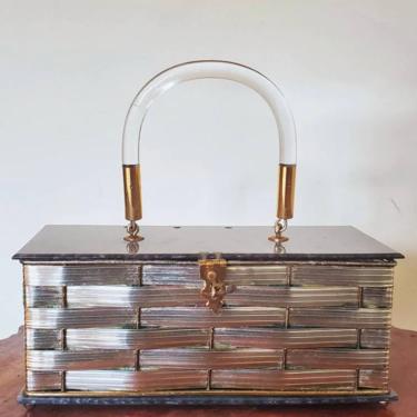 Metal lucite woven basket purse, 1950s purse, rockabilly box purse, silver vintage handbag, 