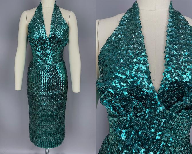 1950s Sequin Halter Dress Vintage 50s 60s Aqua Blue Cocktail Relic Vintage Haight Ashbury San Francisco CA