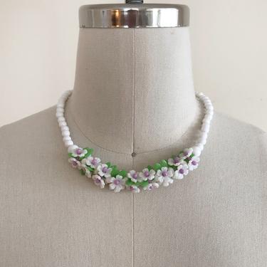 White and Purple Plastic Floral Necklace - 1980s 