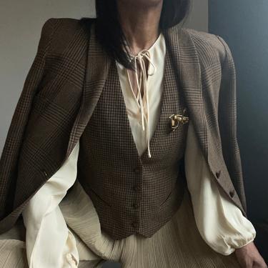vintage wool sleek structured glen plaid blazer and coordinating vest 2 pc set 