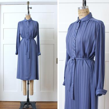 vintage 1970s 80s periwinkle blue dress • sheer striped shirtdress with tie belt & puff sleeves 