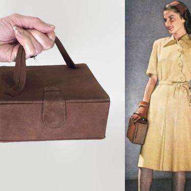 VINTAGE 1940s 1950s Brown Suede Calfskin Box Purse by Theodor California | 40s 50s Mirrored Square Hard Sided Handbag |Documented Vintage 