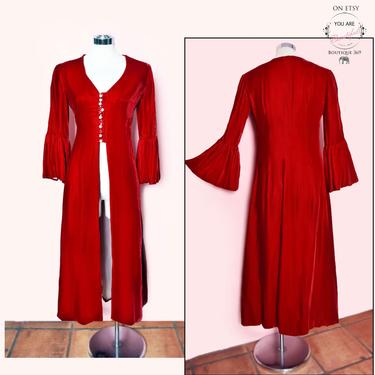 Vintage Red Velvet Long Dress Coat, Vampire style, Victorian Steam Punk Antique 1960's, 1970's, Rich Hippie Boho 