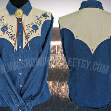 Adobe Rose Vintage Retro Western Women's Cowgirl Shirt, Rodeo Blouse, Embroidered Blue Roses and Leaves, Tag Size Medium (see meas. photo) 