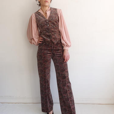Vintage 70s Paisley Velour Two Piece Suit/ 1970s Matching Vest  