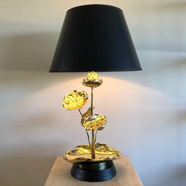 Brass Lotus Table Lamp by Feldman 1960s Black Paper Shade  Blossoming Flower. 