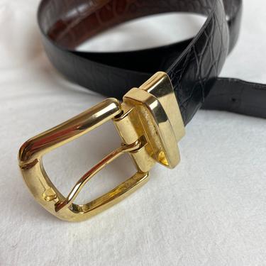 Vintage Italian leather belt~ embossed faux alligator sleek REVERSIBLE Men’s dress belt brown &amp; black with shiny gold~ size large 