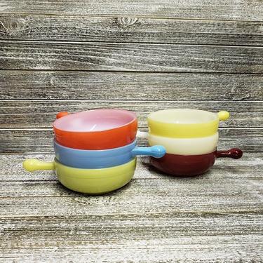 Vintage shops GLASBAKE Chili Soup Bowls W handle &Original lid Set Of 4 Yellow & Green