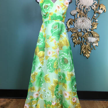 1960s maxi dress, vintage 60s dress, green floral, chiffon formal, 60s bridesmaid, size x small, sheer floral gown, 24 waist, sleeveless 