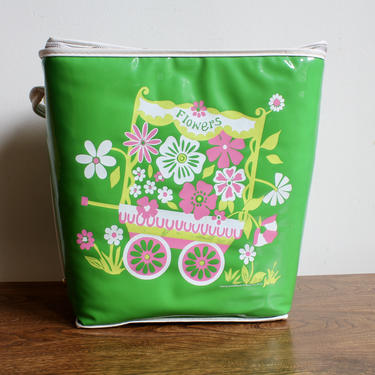 Retro Boho 70s Green Travel Cooler, Hippie Bohemian, Flower Power, 1970s, floral, Soft Cooler, Drink Cooler, Flower Cart 