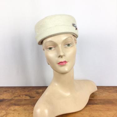 Vintage 60s hat | vintage ivory rabbit  fur  hat | 1960s Italian winter white bucket hat 