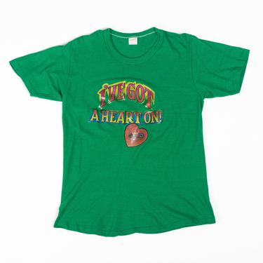 70s &quot;I've Got A Heart On&quot; T Shirt - Medium to Large | Vintage Green Funny Iron-On Graphic Tee 