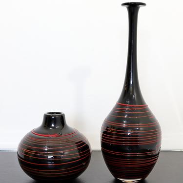 Contemporary Modern Pair Red & Black Striped Art Glass Vases by Carlo Nasan 80s 