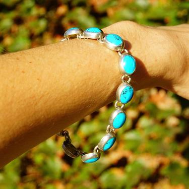 Vintage TAXCO Sterling Silver & Turquoise Link Bracelet, Mexico 925, 10 Turquoise Stones, Accent Curb Chain Links, Toggle Clasp, 9&quot; L 