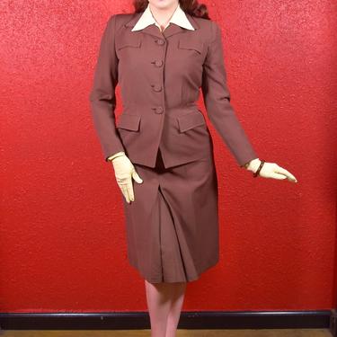 1940s Brown Wool Fitted Suit Two Piece Skirt Suit 