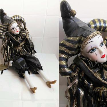 Vintage 80s Harlequin Pierrot Clown Doll - Small 1980s Black White Gold Porcelain Clown Doll - 80s Home Decor 