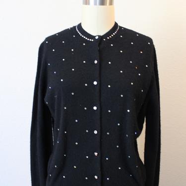 Vintage 1950s 60s Darlene Minklam Black with Rhinestones Lambswool Cardigan Sweater pin up // US 6 8 10 medium large 