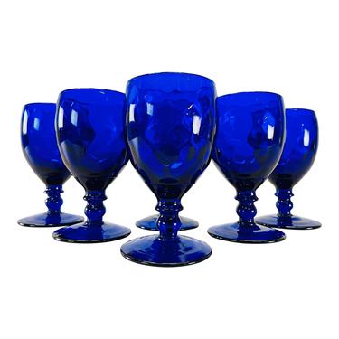 Vintage 1950s Quilted Cobalt Glass Water Stems, Set of 6