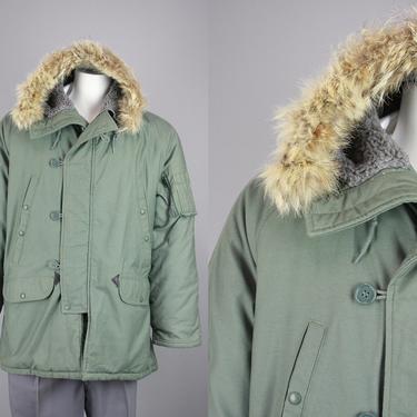 Flight Jacket Parka Snorkel Fur Hood Army Green Orange Large Coat