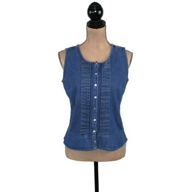 Denim Sleeveless Blouse Medium, Casual Summer Top Women, Button Up Shirt with Pintuck Pleats 1990s Clothes 90s Vintage Clothing Laura Ashley 