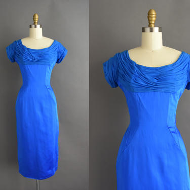 vintage 1950s | Gorgeous Royal Blue Satin Cocktail Party Wiggle Dress | Small | 50s dress 