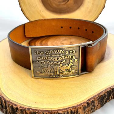 LEVIS STRAUS Vintage 70s Belt | 1970s Brown Leather Belt With Bronze Logo Label Buckle | 80s 1980s Hippie Boho Americana Heritage | Size 34&amp;quot; 