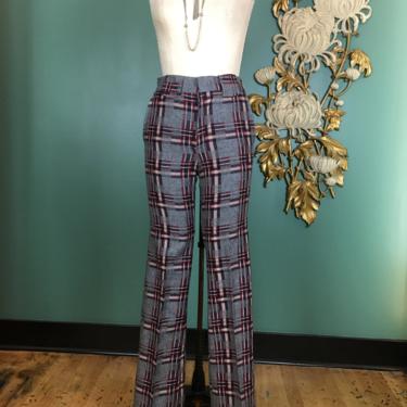 1970s pants, vintage 70s pants, plaid wool, vintage trousers, mcMurray, deadstock, gray and burgundy, 28 29, high waist, 36 inseam, menswear 