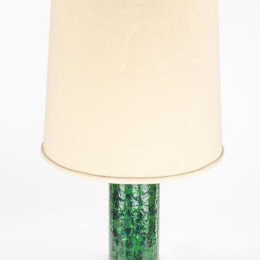 Mid Century Green Ceramic and Brass Cylinder Lamp with Lampshade - mcm 
