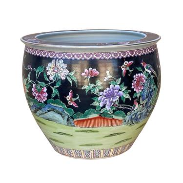 Chinese Oriental Vintage Porcelain Black Flower Birds Graphic Pot cs7014E 
