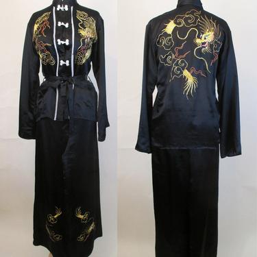 Exotic Vintage Silk Two piece lounge Set with Dramatic Gold Dragon Applique Hollywood Glamor Size Medium 