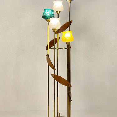 Large Mid Century 3-Way Brass and Walnut Floor Lamp, Circa 1950s - *Please ask for a shipping quote before you buy. 