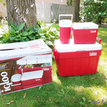 Retro Set of Red Igloo Coolers and Thermos with Original Box 
