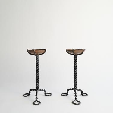 Set of Two Vintage Hand Forged Copper & Wrought Iron Candleholders 