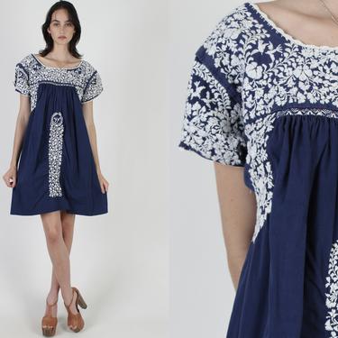 Vintage Navy Oaxacan Dress All White Floral Hand Embroidered Midi Mini Dress 
