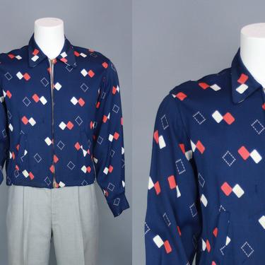 1950s Gabardine Jacket | Vintage 50s Men’s Blue Ricky Jacket with Orange &amp; White Argyle Print | medium 