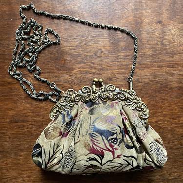 Vintage Small Boho Style Purse with Brass Tine Clasp and Chain Bohemian Floral Print Mini Bag 