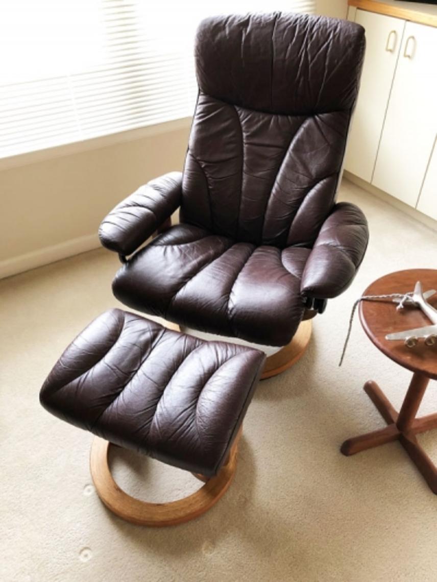 Danish Modern Teak and Leather J. E. Ekornes Chair and Ottoman Circa 1970sScan from Sturgis ...