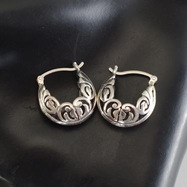 Ornate 70's sterling Byzantine style leaves boho hoops, elegant dimensional 925 silver swirled hippie ribbon earrings 