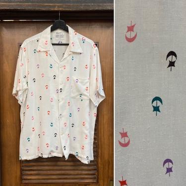 Vintage 1950’s Nub Rayon Atomic Pirate Ship Kramer Loop Collar Rockabilly Shirt, 50’s Pop Art, Vintage Button Down, Vintage Clothing 