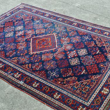Vintage Hand Knotted Distressed Wool Persian Style Josheghan Area Rug in Navy and Red  -  4' 4&quot;  x  6' 7&quot;&quot; 