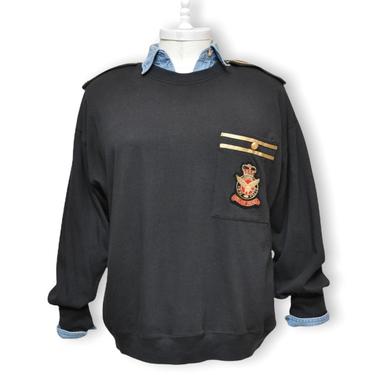 Vintage Black Sweatshirt with Gold Epaulettes and Crest Design Military Style 