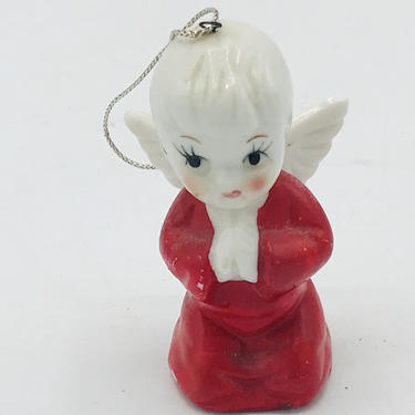 Vintage Kneeling Angel Figurine of Girl with red dress - Christmas Ornament- 1950's- Fine Bone China- 3&amp;quot; 