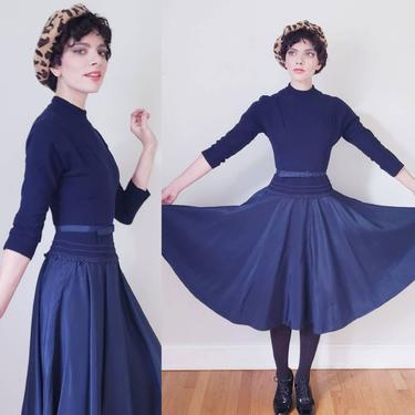 1950s Navy Blue Dress Wool Blend Top Taffeta Skirt / 50s Day Dress Three-Quarters Sleeves Full Circle Skirt / Small 