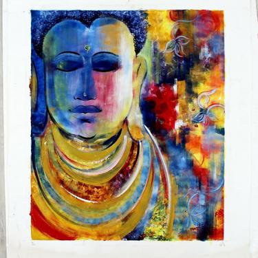 Contemporary Modern Unframed Oil on Canvas Painting of Buddha Signed Mamata 