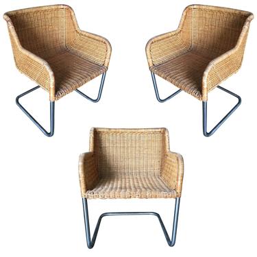 Model D43 Wicker and Chrome Chairs by Harvey Probber, Set of Three 