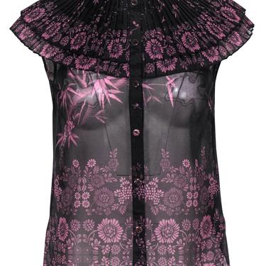 Ted Baker - Black & Purple Floral Accordion Pleated Top Sz 2