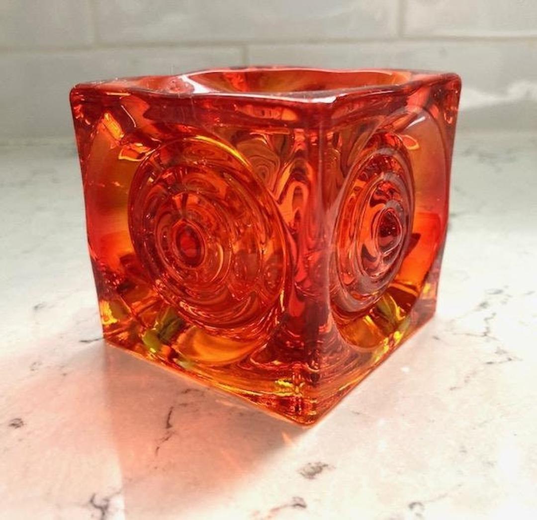 Viking Orange Glass Bullseye Votive Candle Holder Deep Orange Cube Le